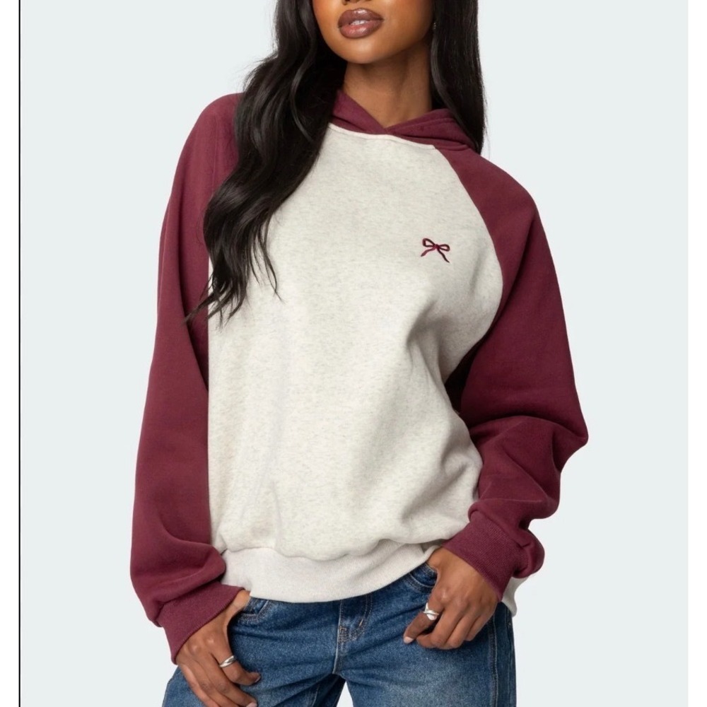 Edikted Womens Burgundy Grey Melange Raglan Bow Embroidered Fleece Hoodie XS